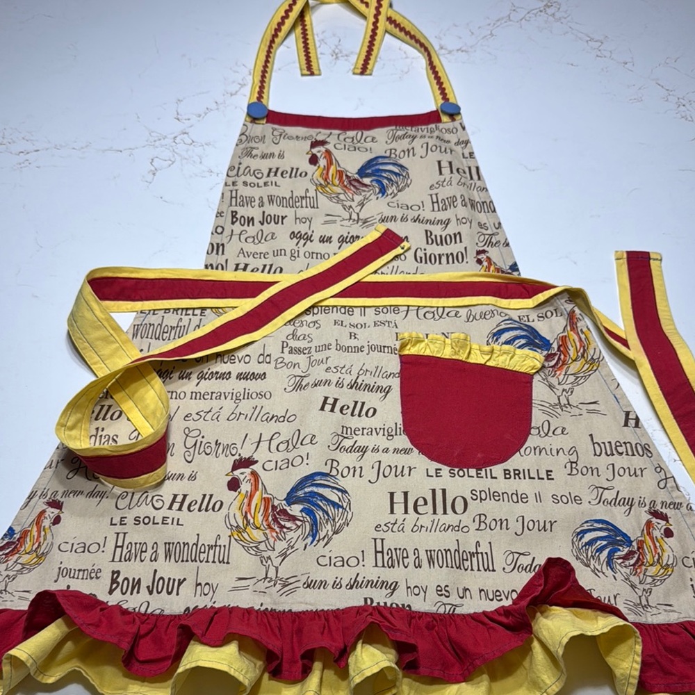 Pier 1 imports Hello Rooster Print Apron with Red and Yellow Trim